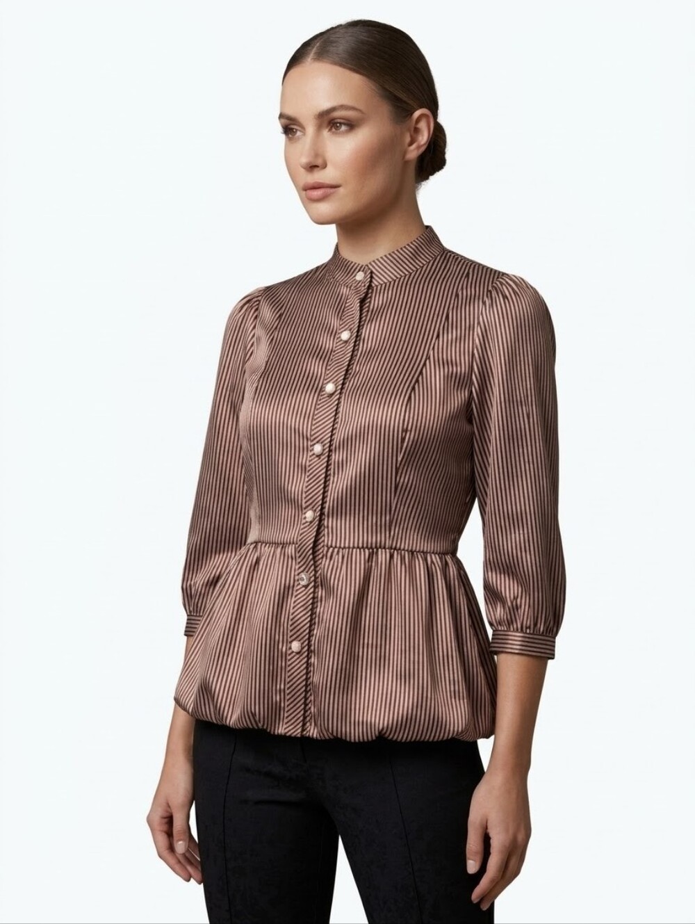 😍Max Studio Striped Peplum Blouse in Brown & White Size Medium